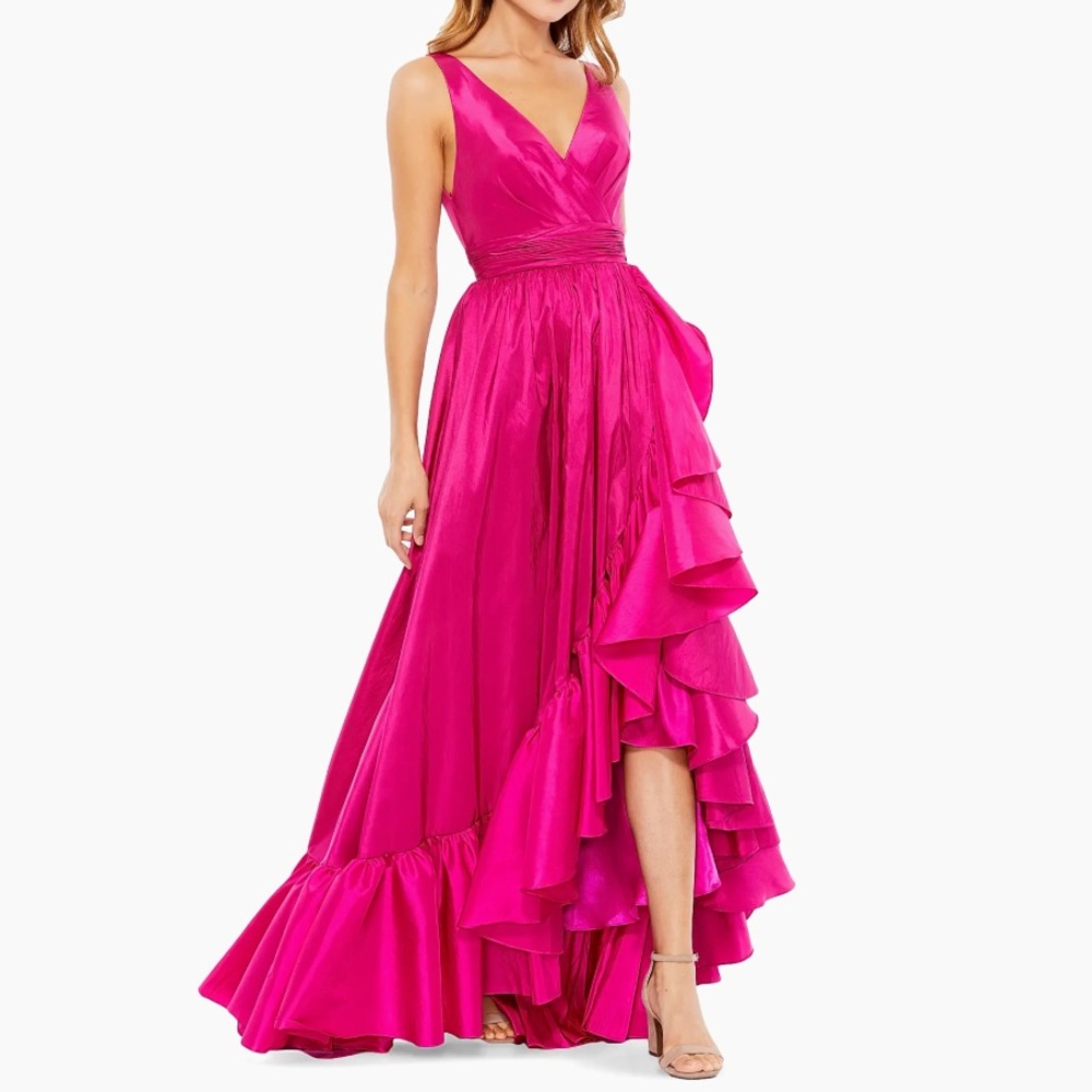 New Mac Duggal Satin Flounce V-Neck Gown Size 6